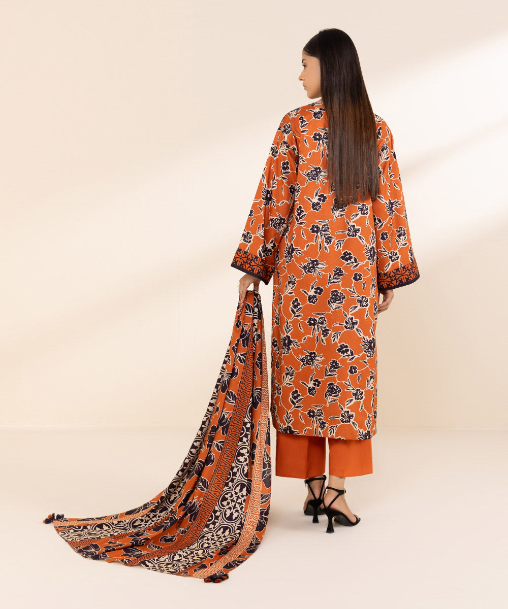 Women's Unstitched Printed Linen Orange 3 Piece Suit