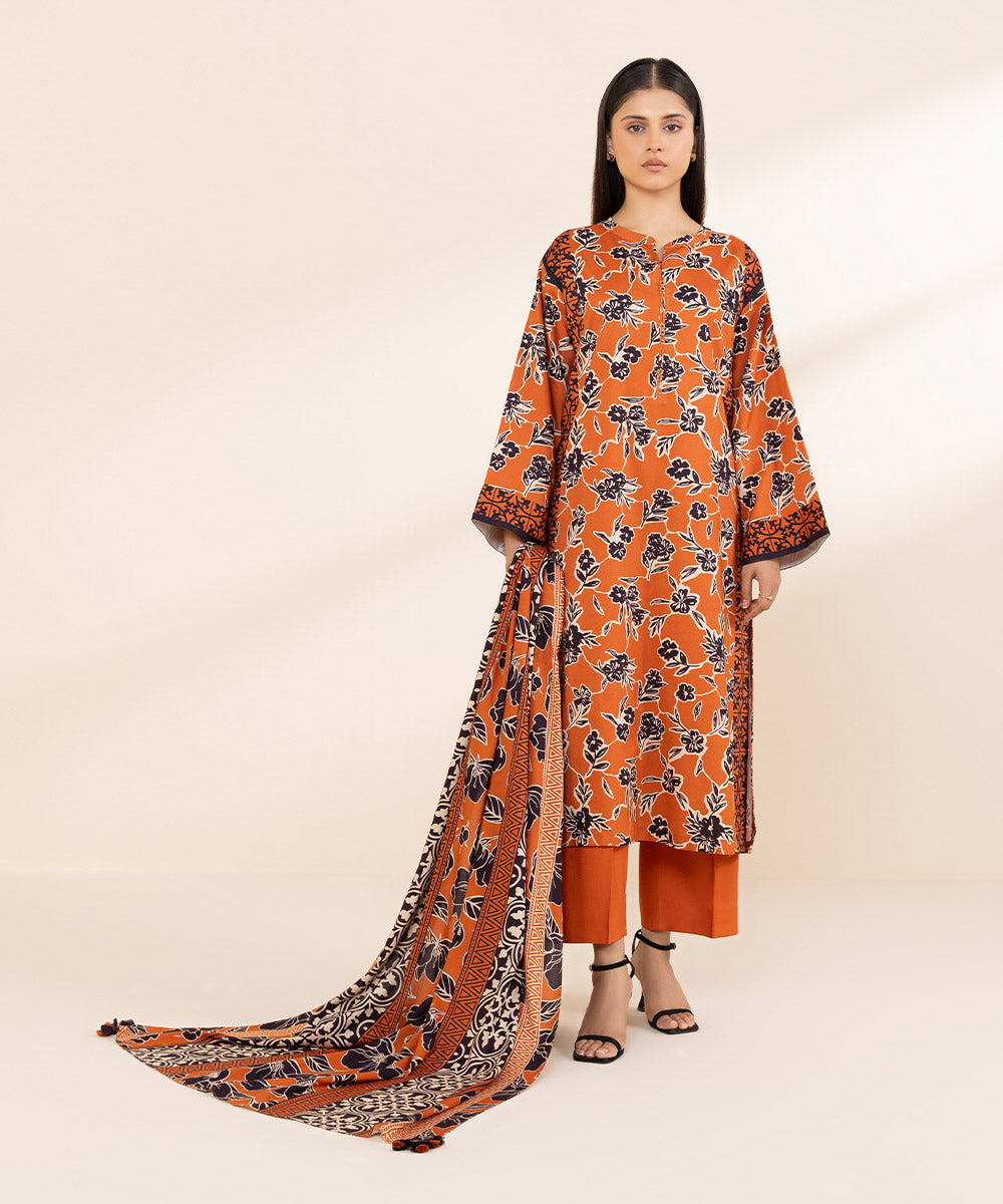 Women's Unstitched Printed Linen Orange 3 Piece Suit