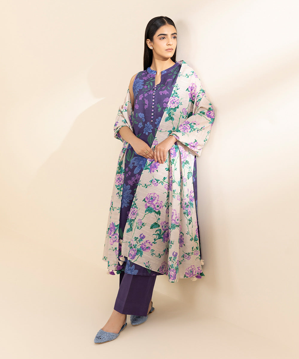 Women's Unstitched Khaddar Printed Purple 3 Piece Suit