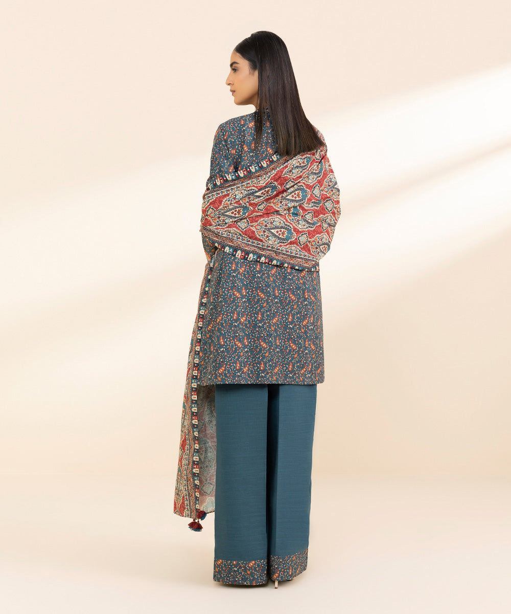 Women's Unstitched Khaddar Printed Blue 3 Piece Suit