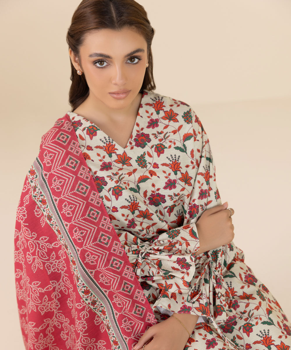 Women's Unstitched Khaddar Printed Multi 3 Piece Suit