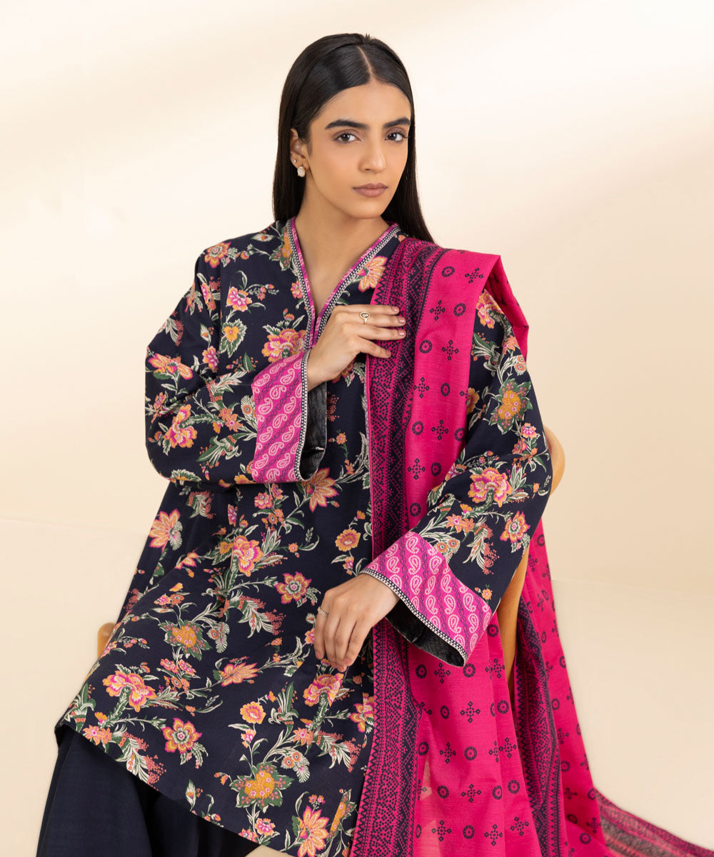 Women's Unstitched Khaddar Printed Multi 3 Piece Suit