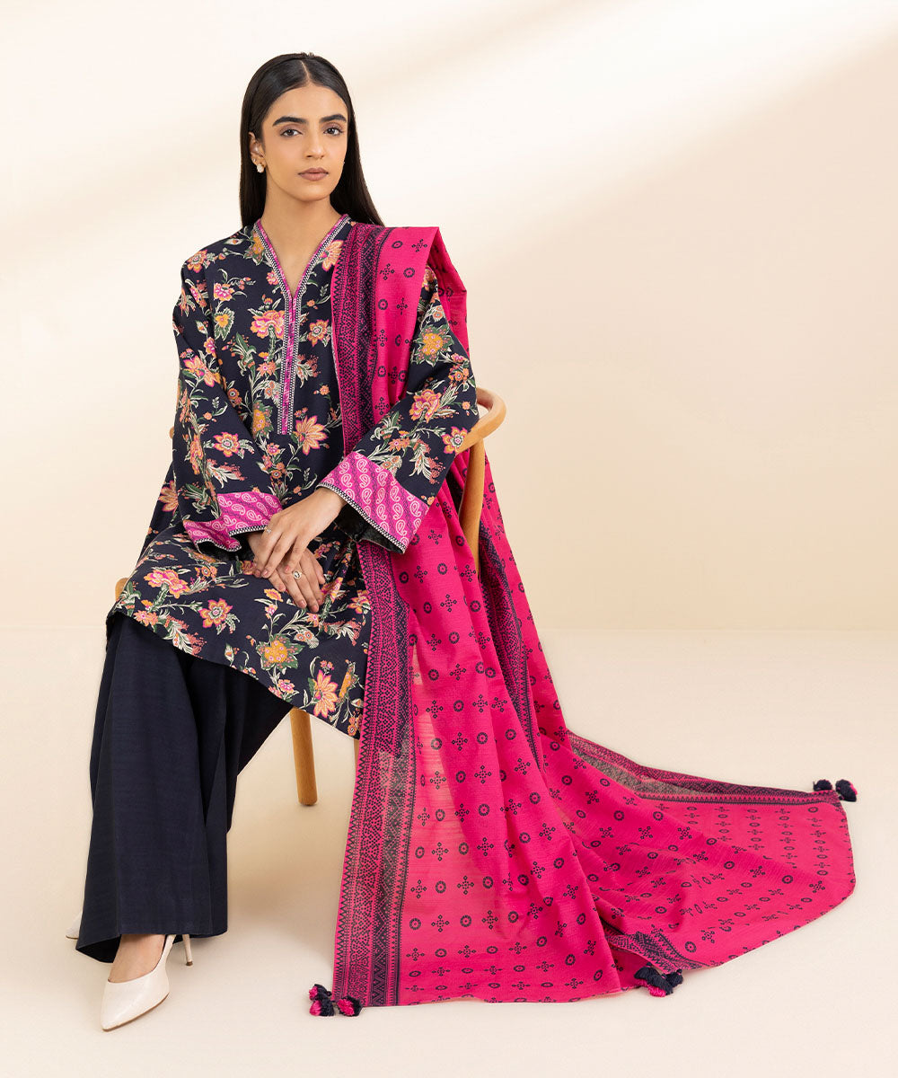 Women's Unstitched Khaddar Printed Multi 3 Piece Suit