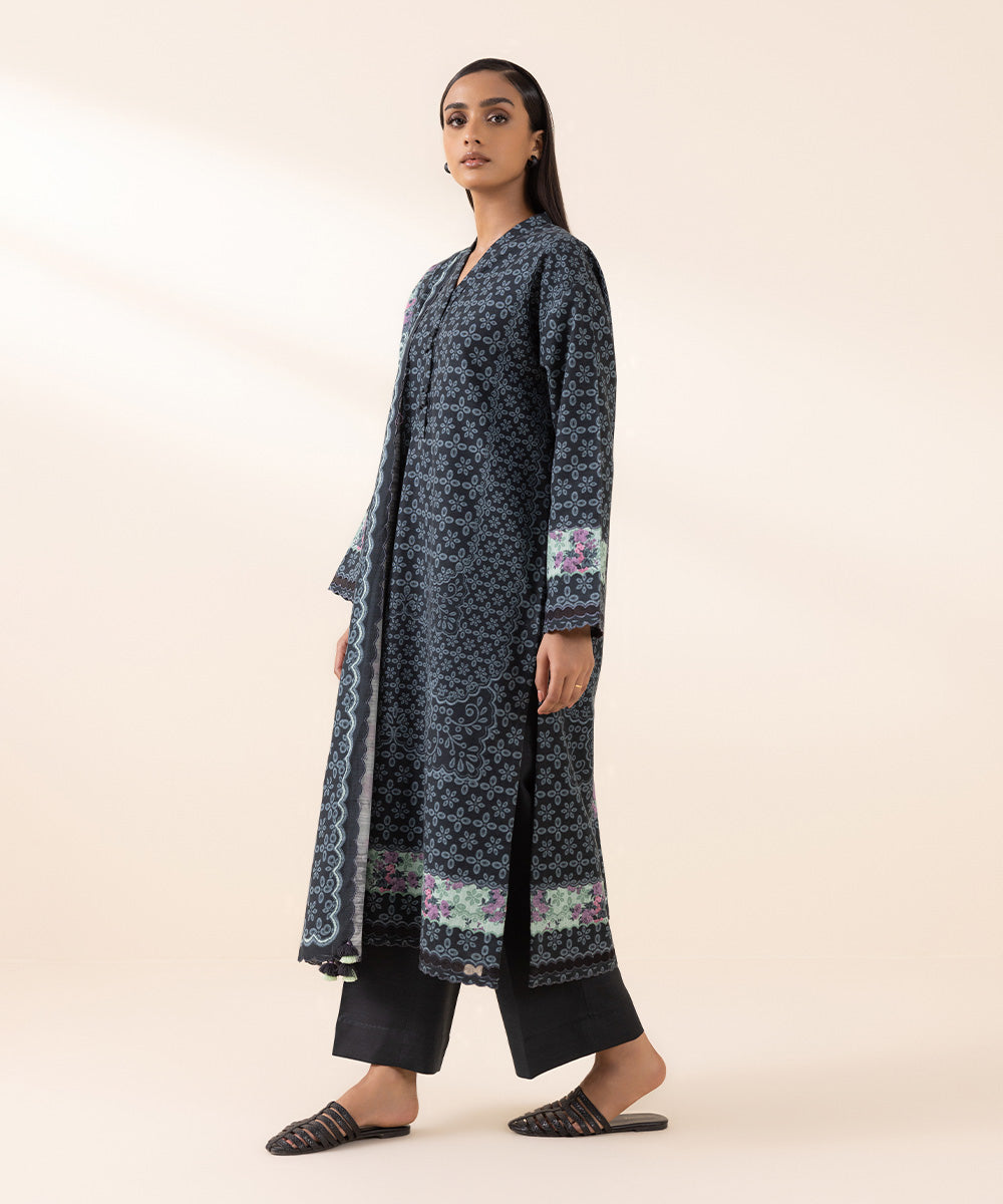 Women's Unstitched Light Khaddar Blue Printed 3 Piece Suit