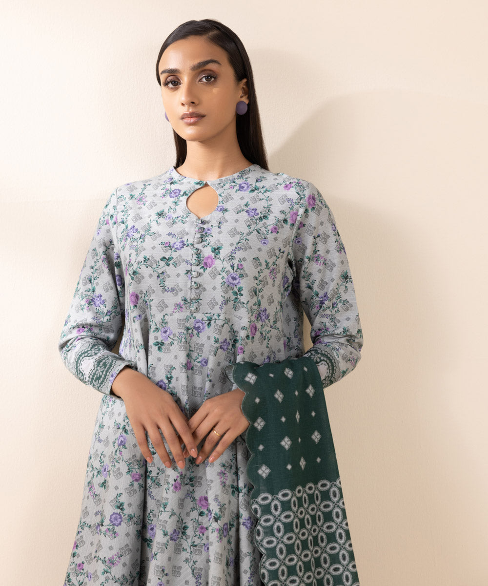 Women's Unstitched Khaddar Grey Printed 3 Piece Suit