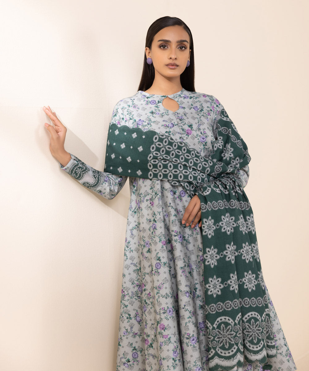 Women's Unstitched Khaddar Grey Printed 3 Piece Suit