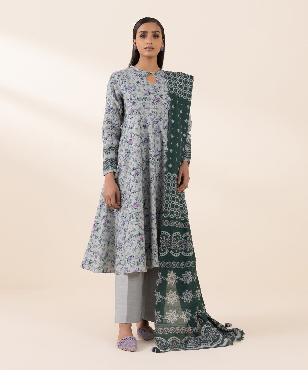 Women's Unstitched Khaddar Grey Printed 3 Piece Suit