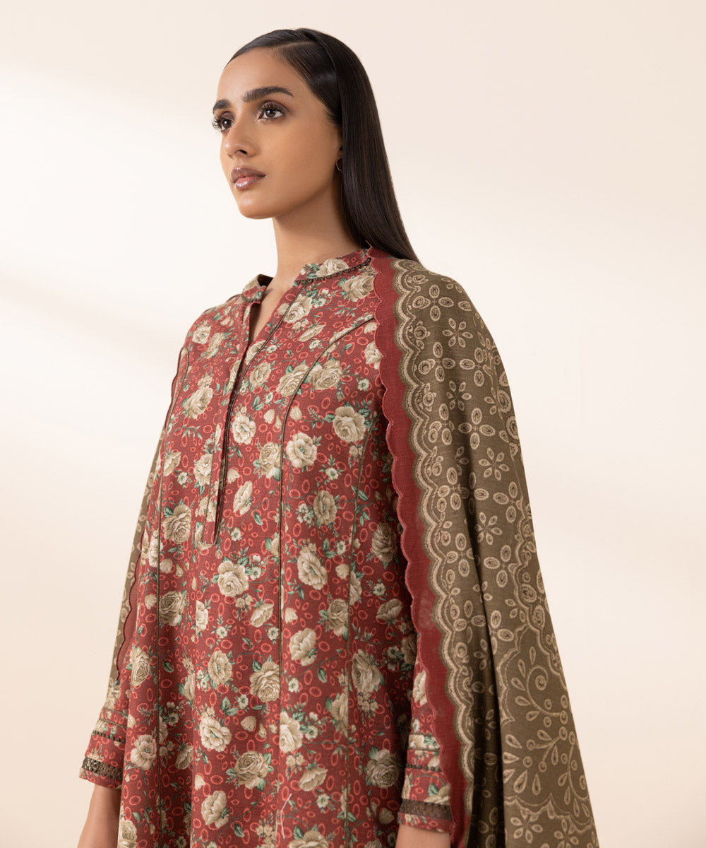 Women's Unstitched Khaddar Red Printed 3 Piece Suit