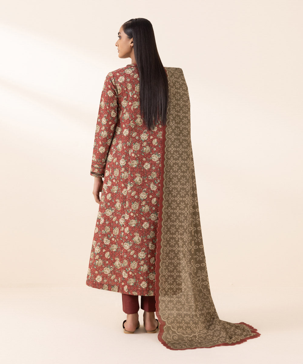 Women's Unstitched Khaddar Red Printed 3 Piece Suit