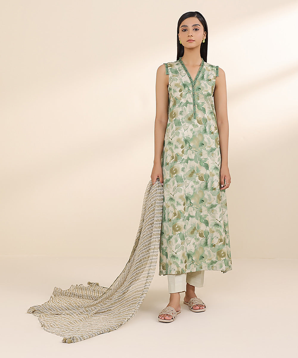 Women's Unstitched Cotton Viscose Green Printed 3 Piece Suit