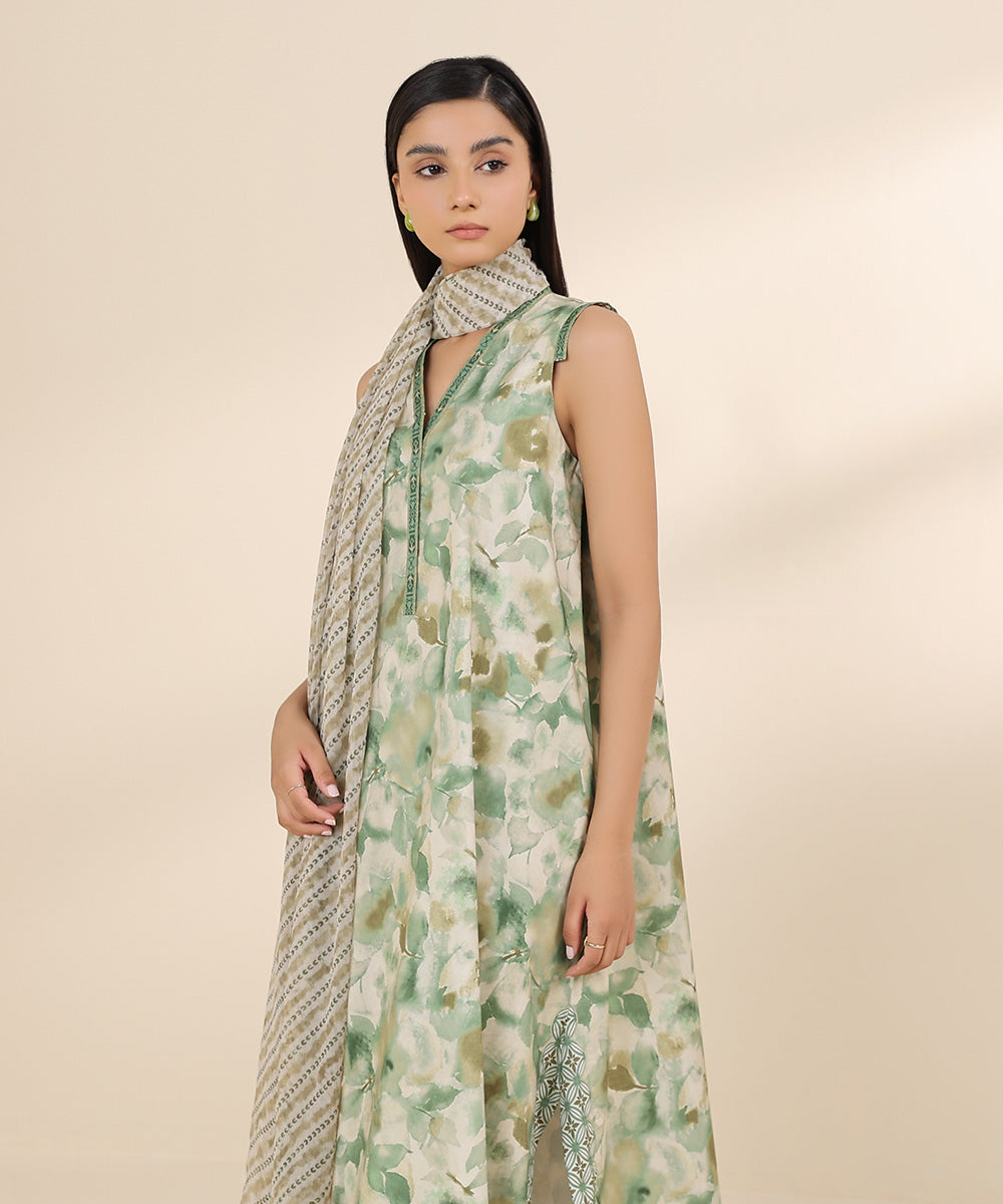 Women's Unstitched Cotton Viscose Green Printed 3 Piece Suit