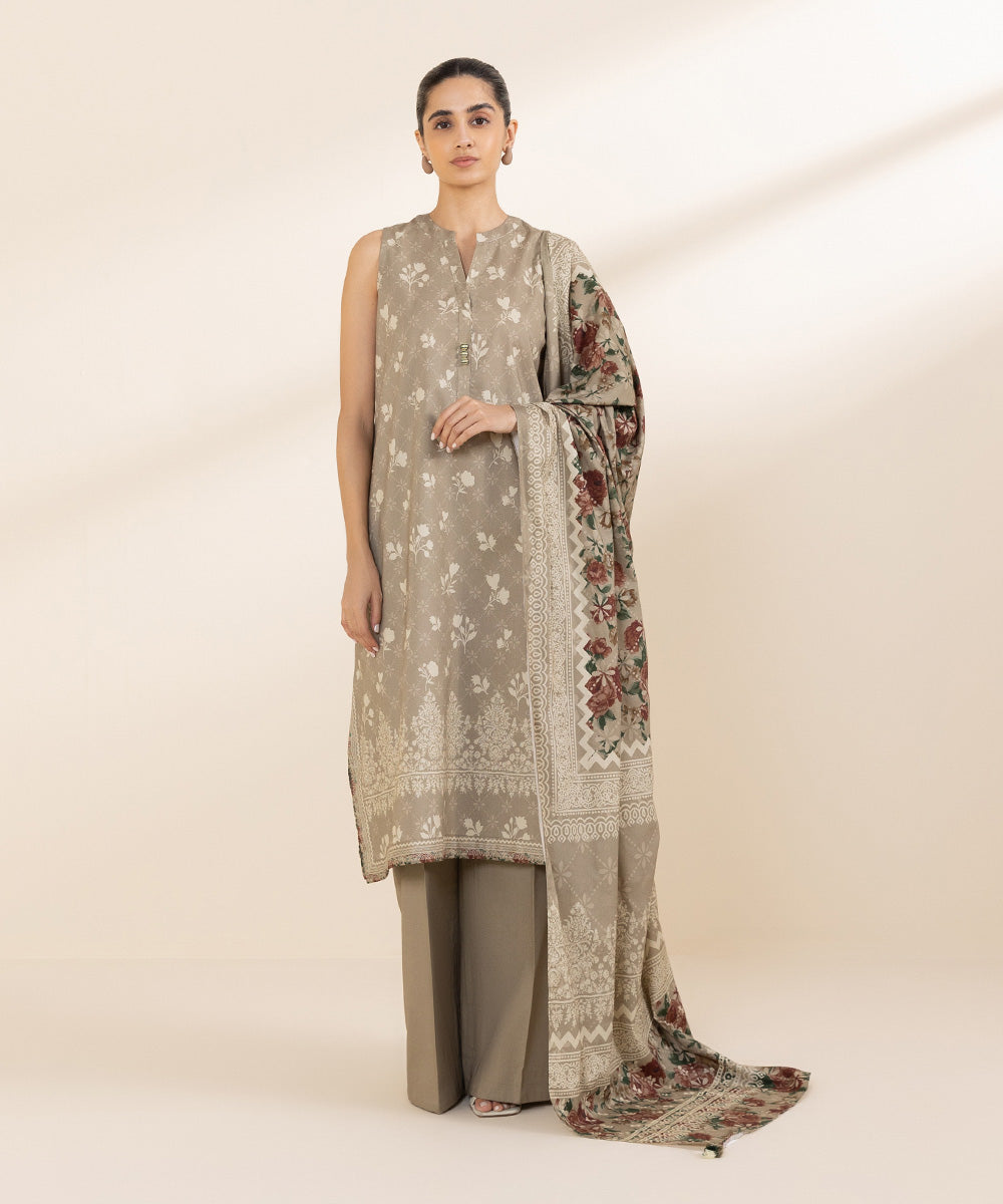 Women's Unstitched Cotton Viscose Beige Printed 3 Piece Suit