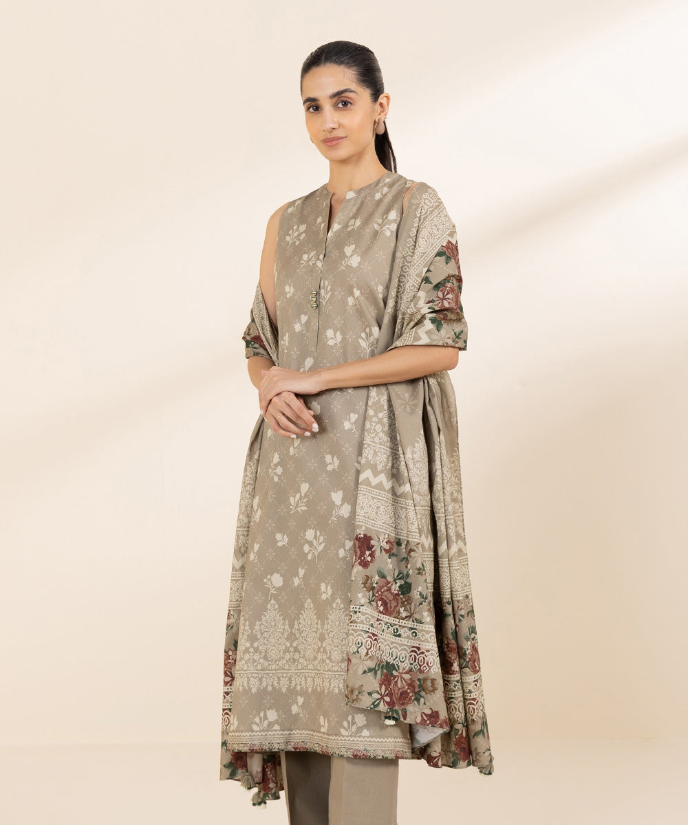 Women's Unstitched Cotton Viscose Beige Printed 3 Piece Suit