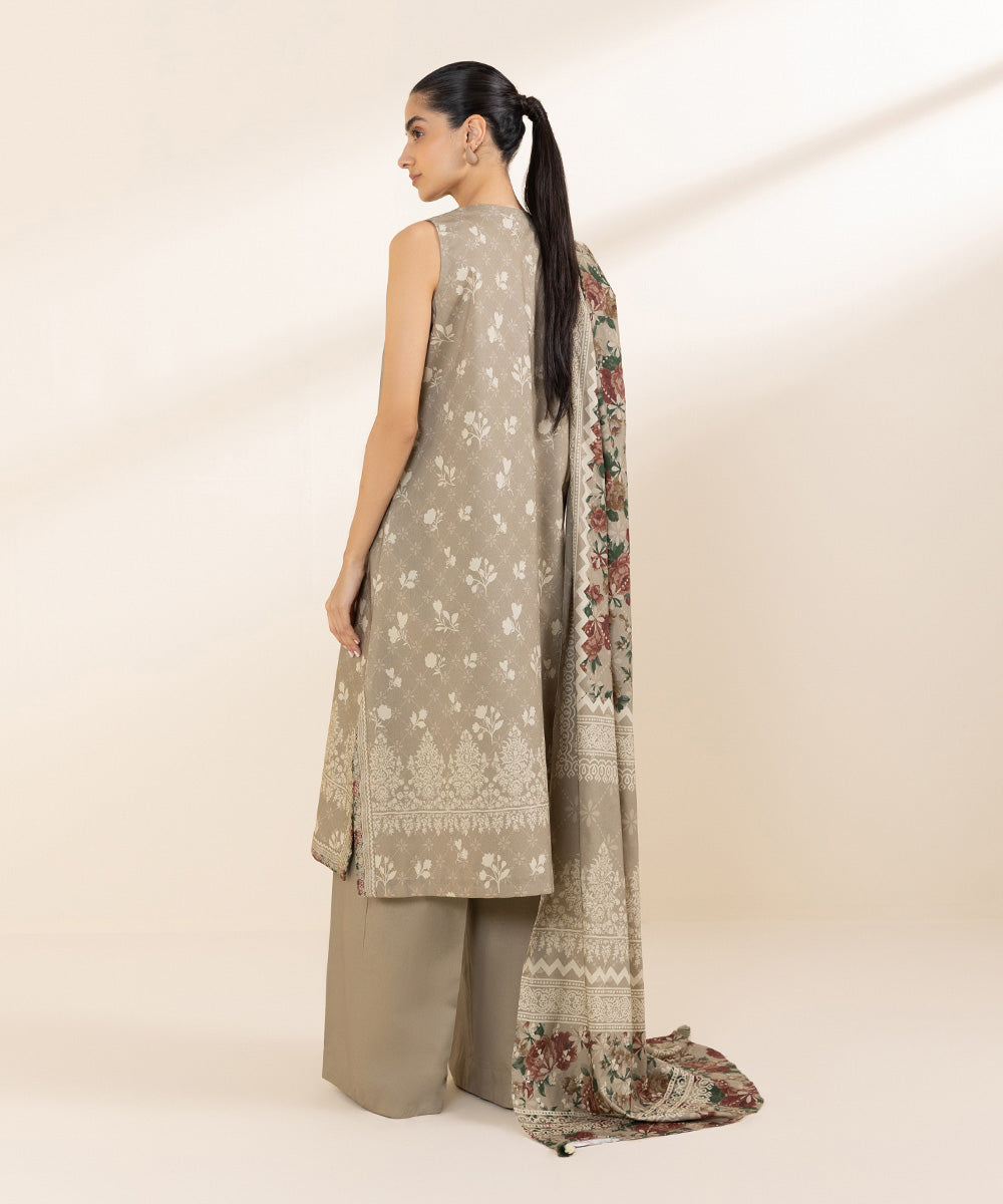 Women's Unstitched Cotton Viscose Beige Printed 3 Piece Suit