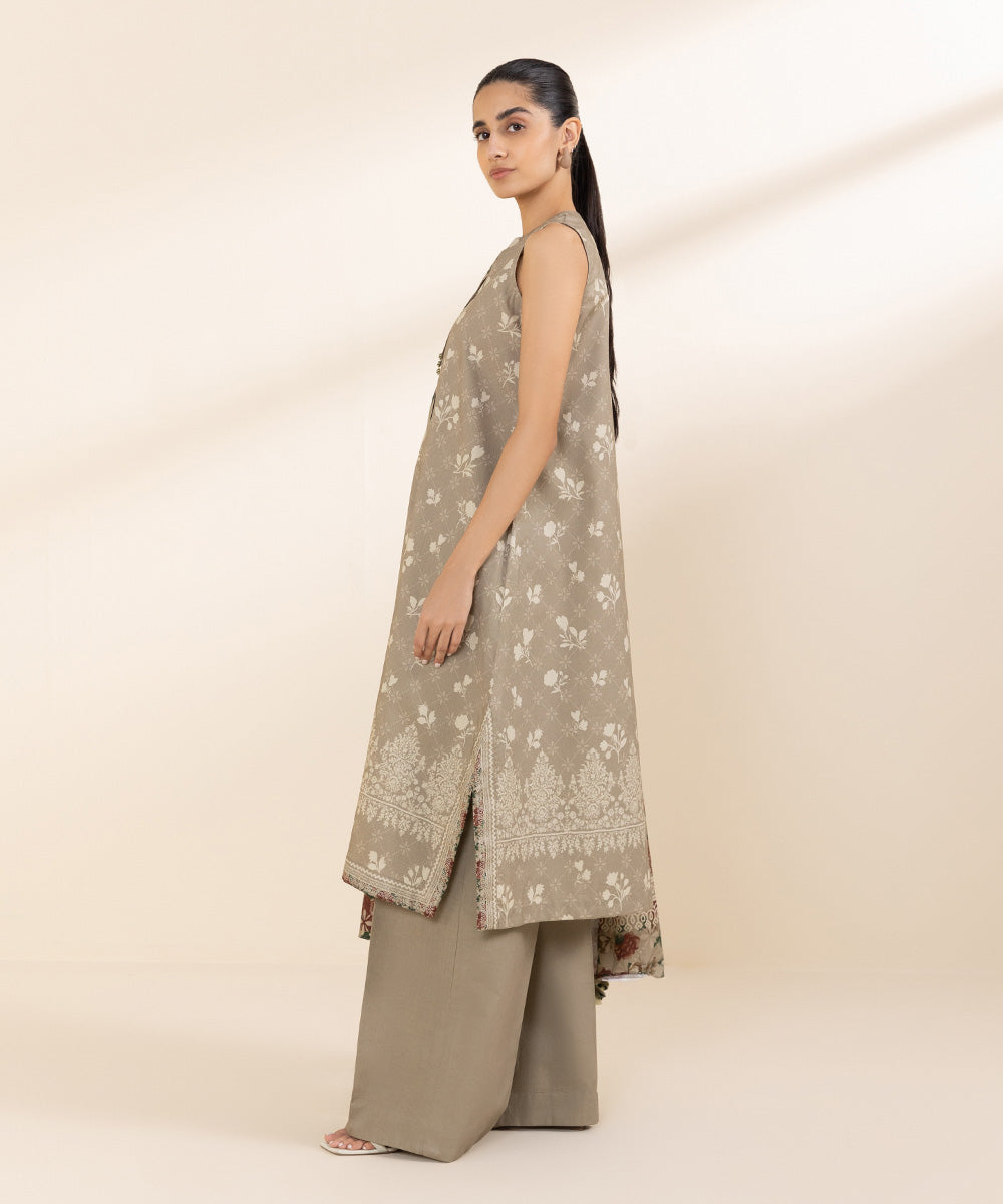 Women's Unstitched Cotton Viscose Beige Printed 3 Piece Suit