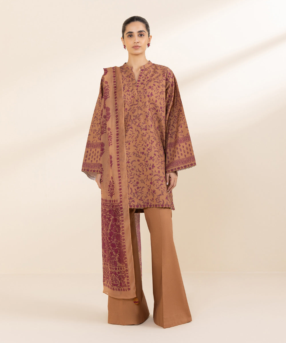 Women's Unstitched Cambric Brown Printed 3 Piece Suit 