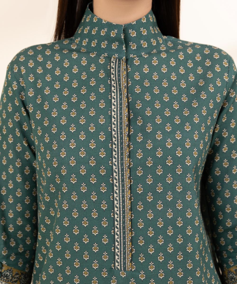 Women's Unstitched Khaddar Green Printed 3 Piece Suit