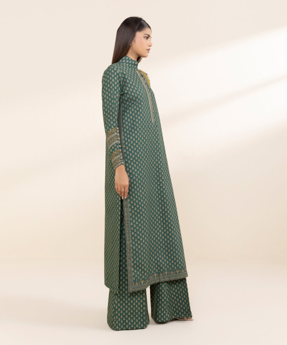 Women's Unstitched Khaddar Green Printed 3 Piece Suit