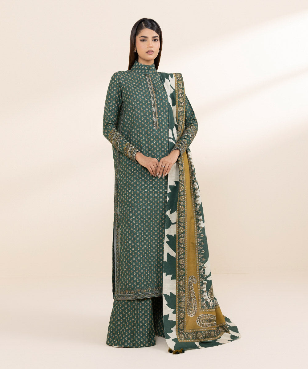 Women's Unstitched Khaddar Green Printed 3 Piece Suit