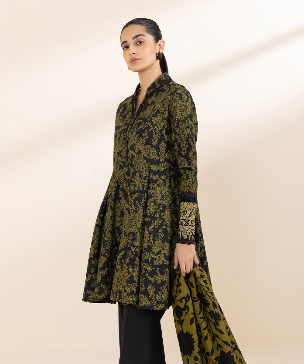 Women's Unstitched Khaddar Green Printed 3 Piece Suit