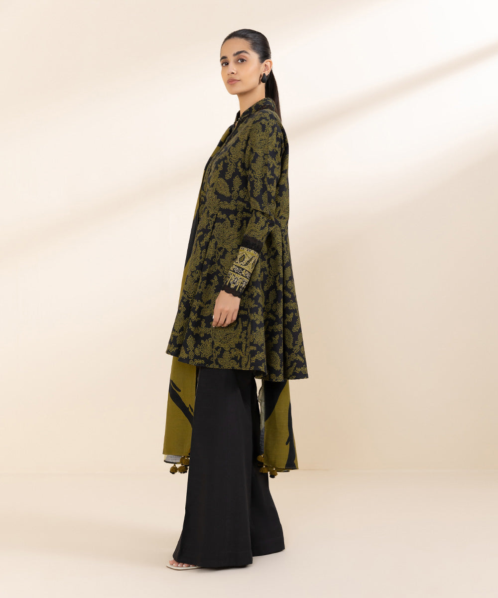 Women's Unstitched Khaddar Green Printed 3 Piece Suit