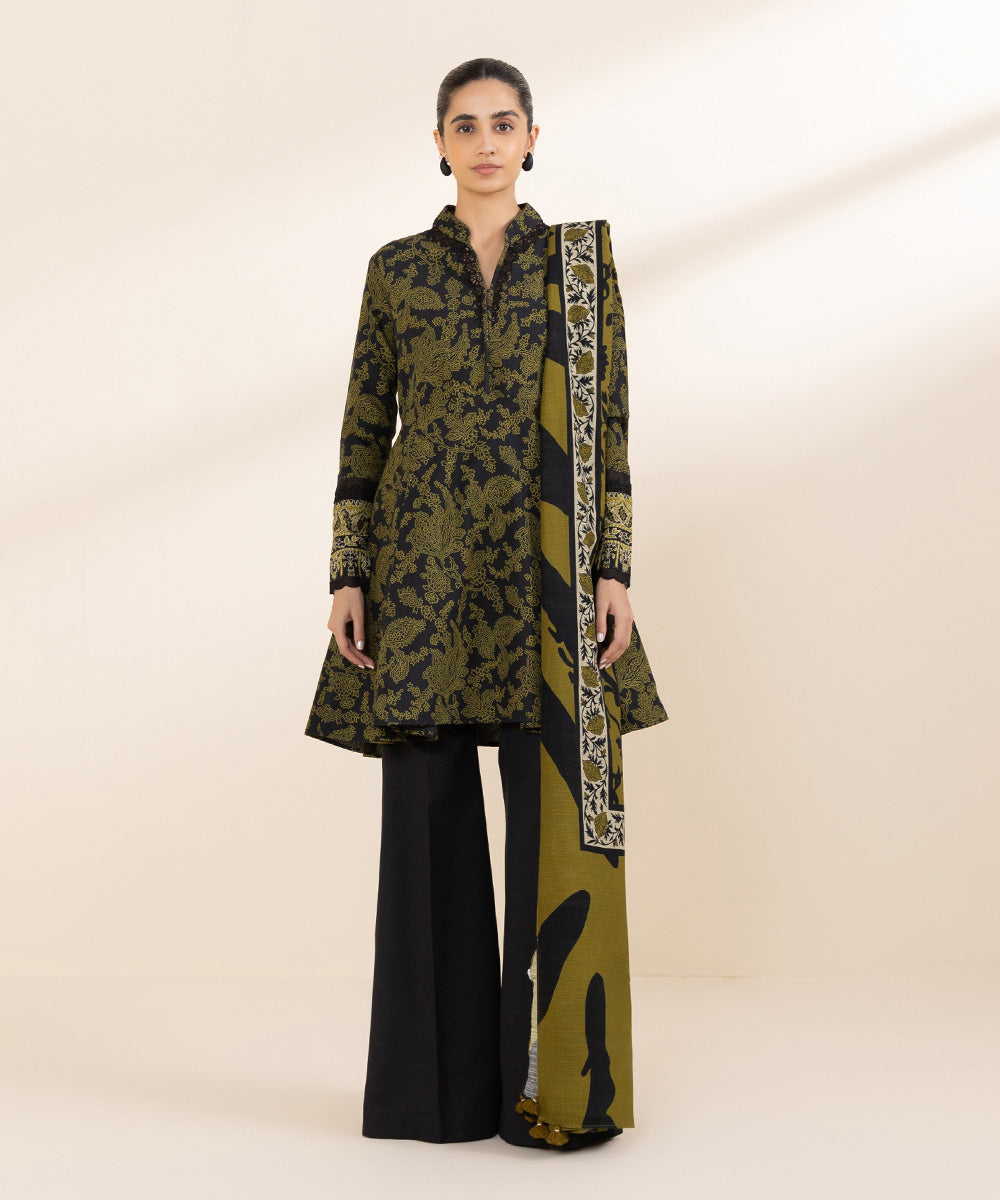 Women's Unstitched Khaddar Green Printed 3 Piece Suit