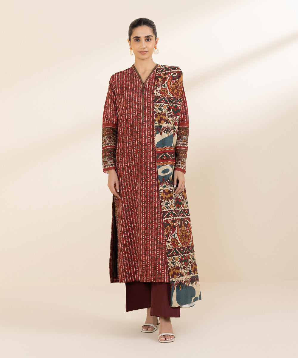 Women's Unstitched Khaddar Red Printed 3 Piece Suit