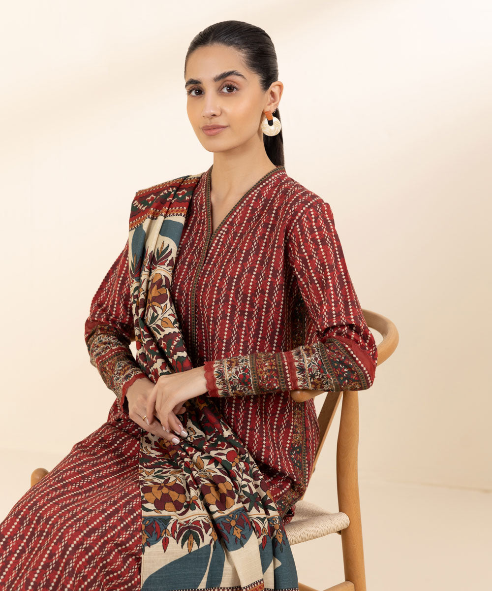 Women's Unstitched Khaddar Red Printed 3 Piece Suit