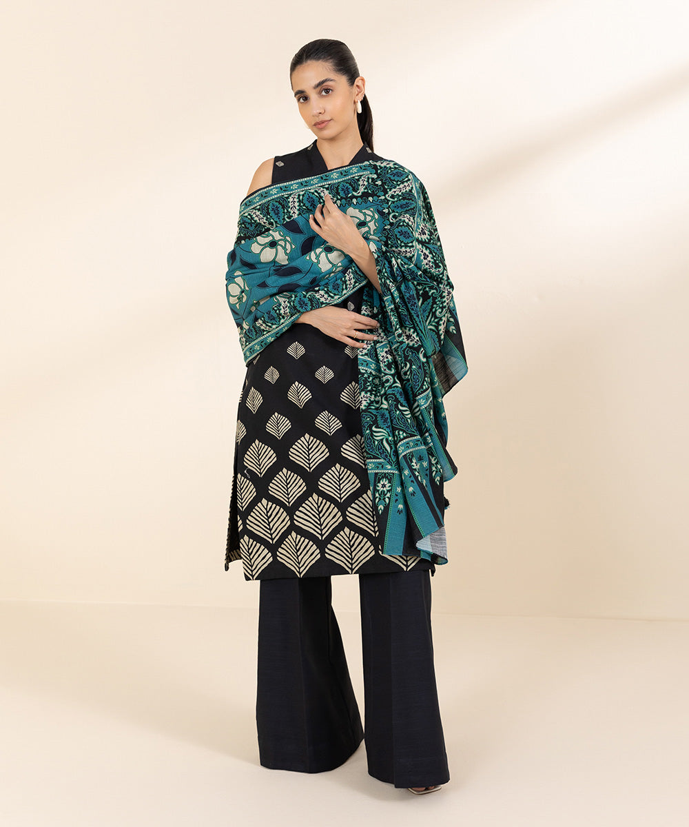 Women's Unstitched Khaddar Black Printed 3 Piece Suit