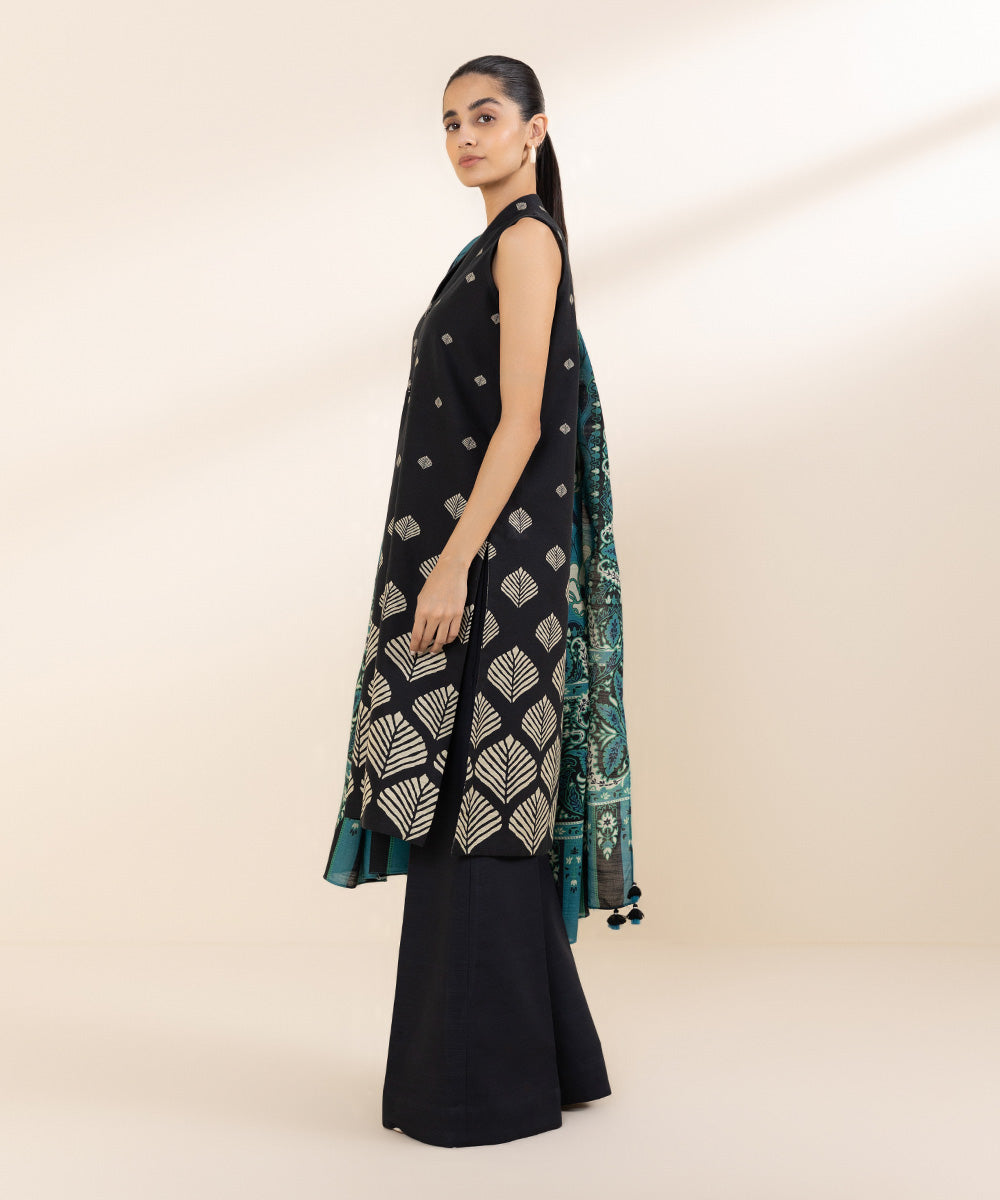 Women's Unstitched Khaddar Black Printed 3 Piece Suit