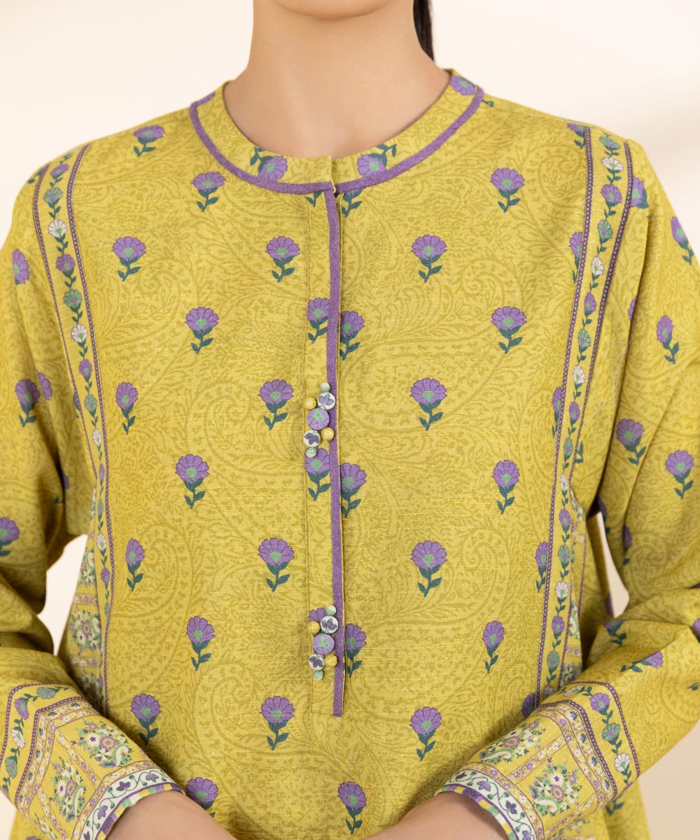 Women's Unstitched Light Khaddar Yellow Printed 3 Piece Suit