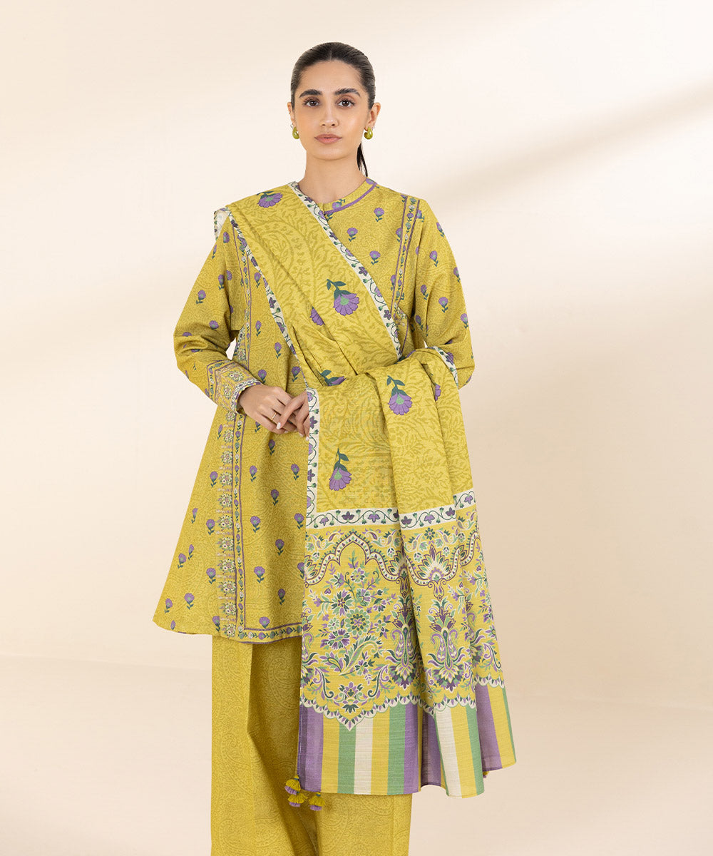 Women's Unstitched Light Khaddar Yellow Printed 3 Piece Suit