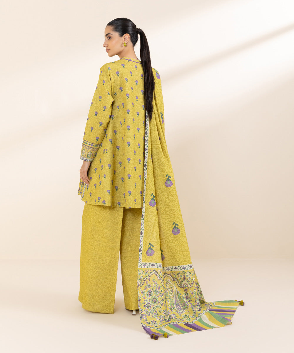 Women's Unstitched Light Khaddar Yellow Printed 3 Piece Suit