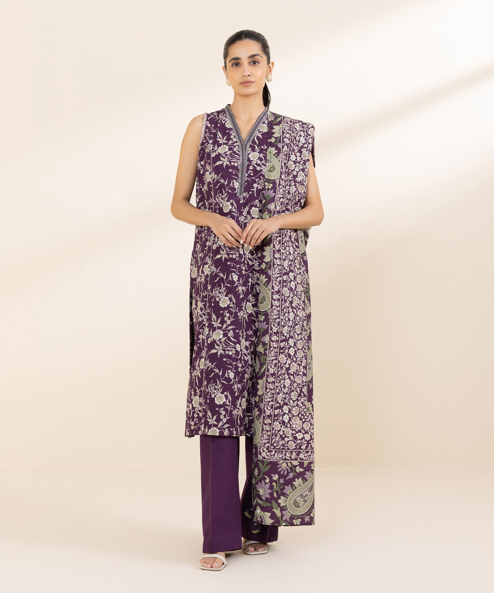 Women's Unstitched Khaddar Purple Printed 3 Piece Suit