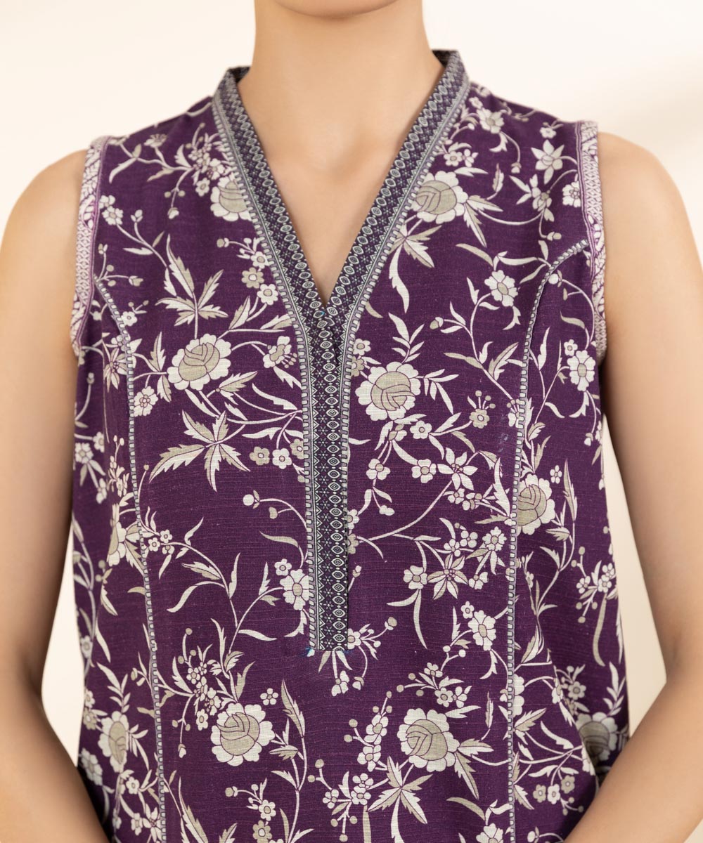 Women's Unstitched Khaddar Purple Printed 3 Piece Suit