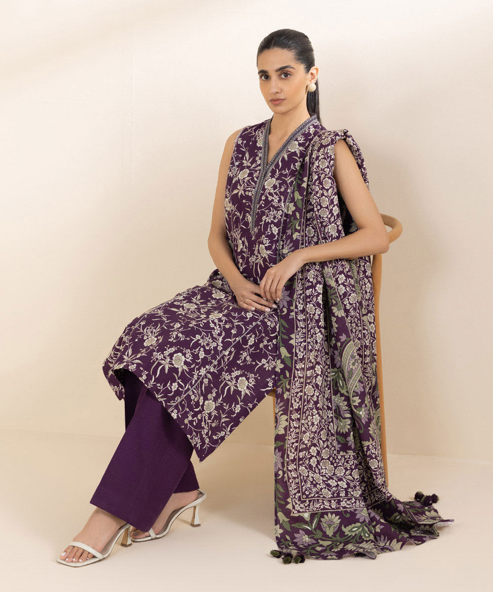 Women's Unstitched Khaddar Purple Printed 3 Piece Suit