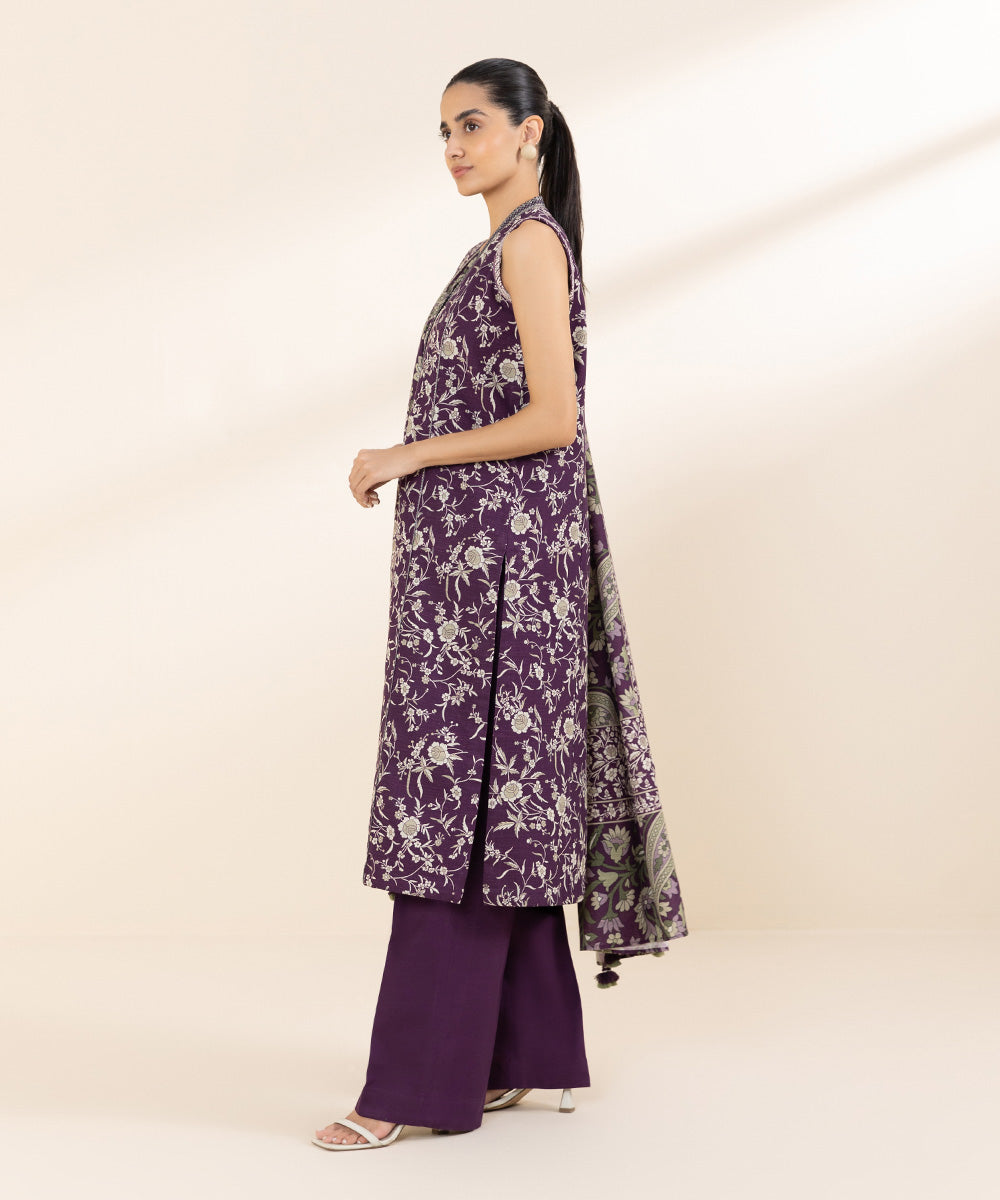 Women's Unstitched Khaddar Purple Printed 3 Piece Suit