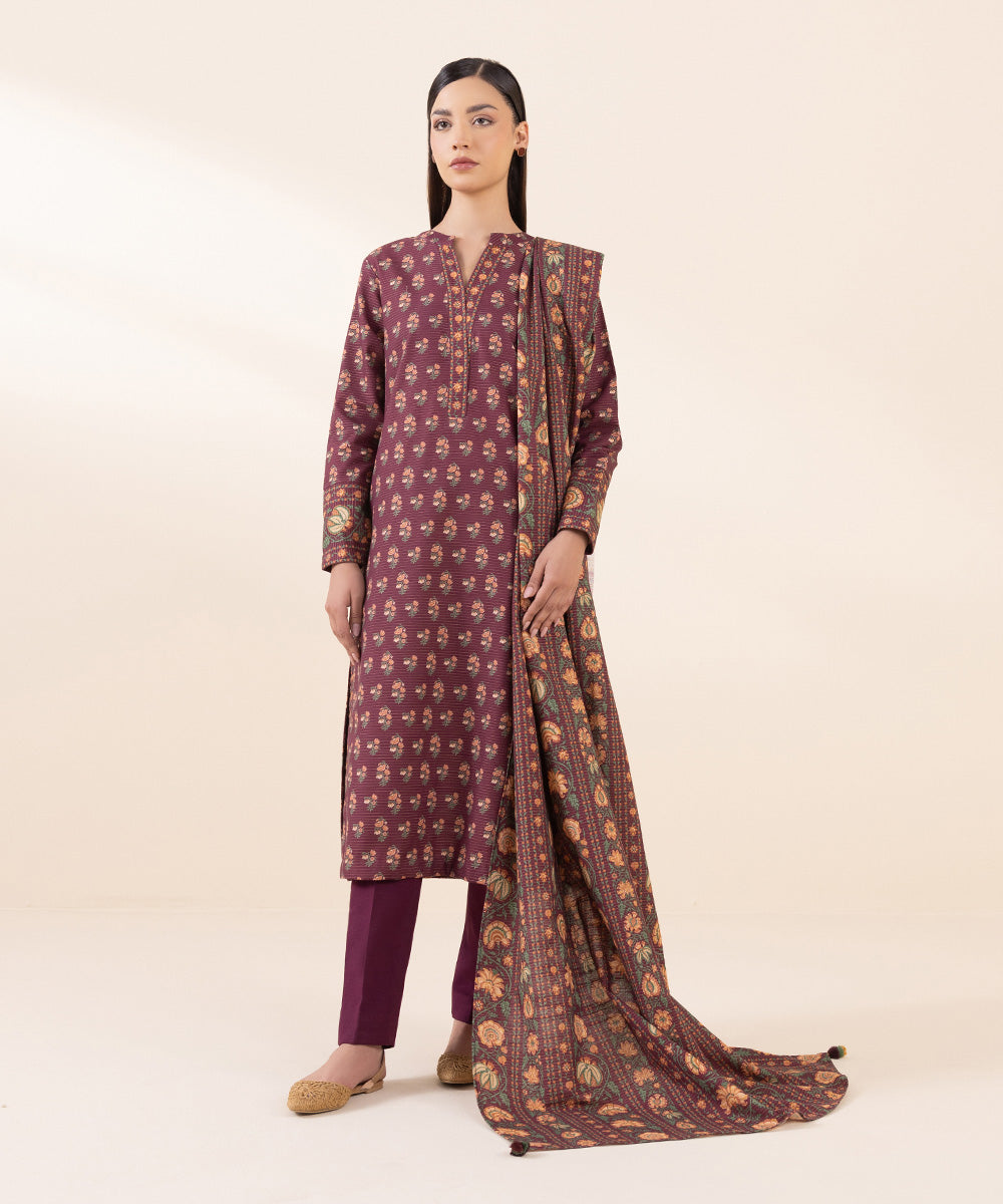 Women's Unstitched Zari Khaddar Red Printed 3 Piece Suit