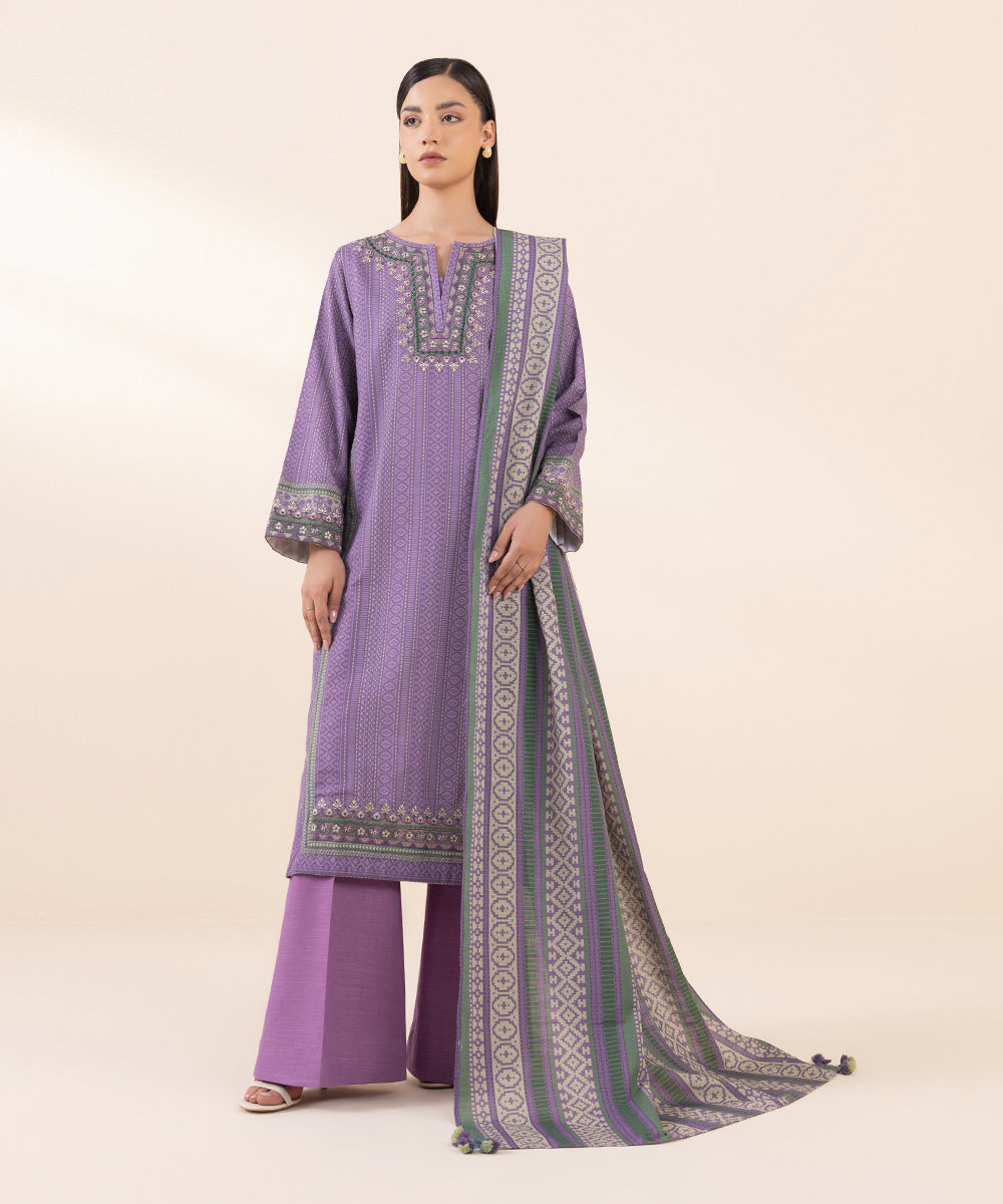 Women's Unstitched Light Khaddar Purple Printed 3 Piece Suit