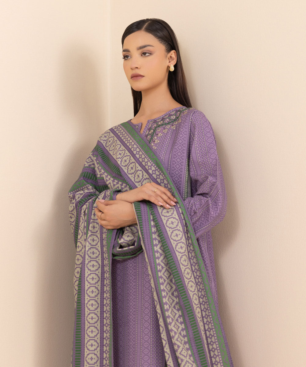 Women's Unstitched Light Khaddar Purple Printed 3 Piece Suit