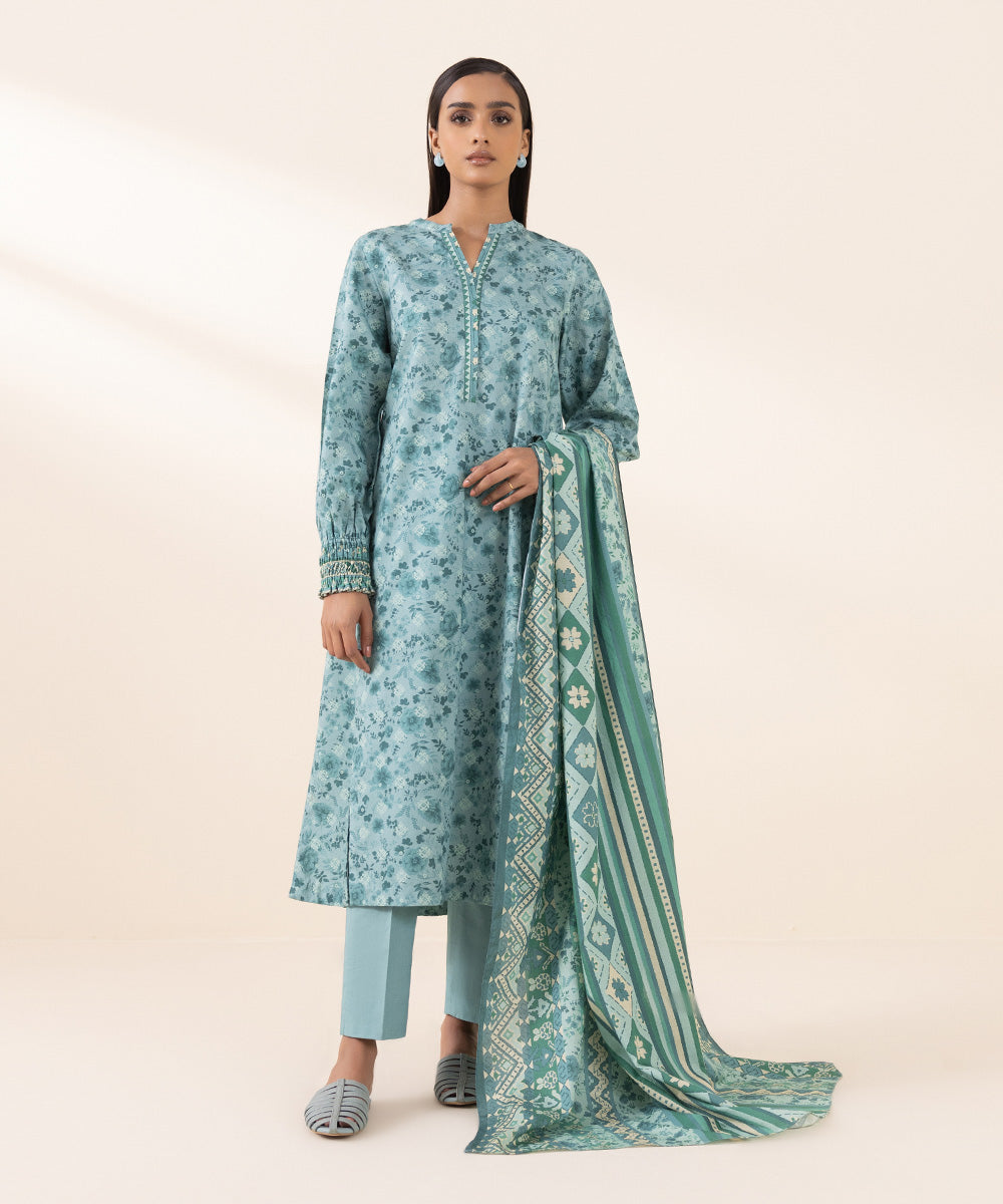 Women's Unstitched Cotton Jacquard Blue Printed 3 Piece Suit 