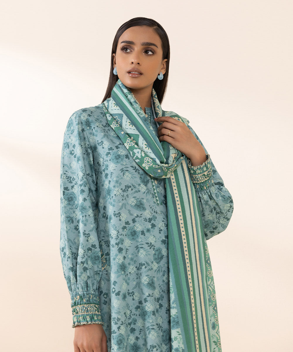 Women's Unstitched Cotton Jacquard Blue Printed 3 Piece Suit 