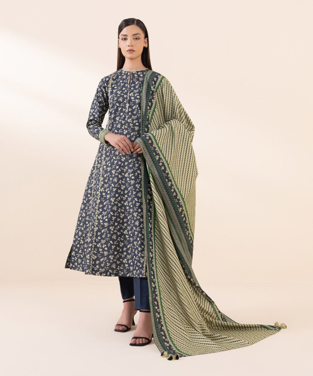 Women's Unstitched Zari Khaddar Blue Printed 3 Piece Suit