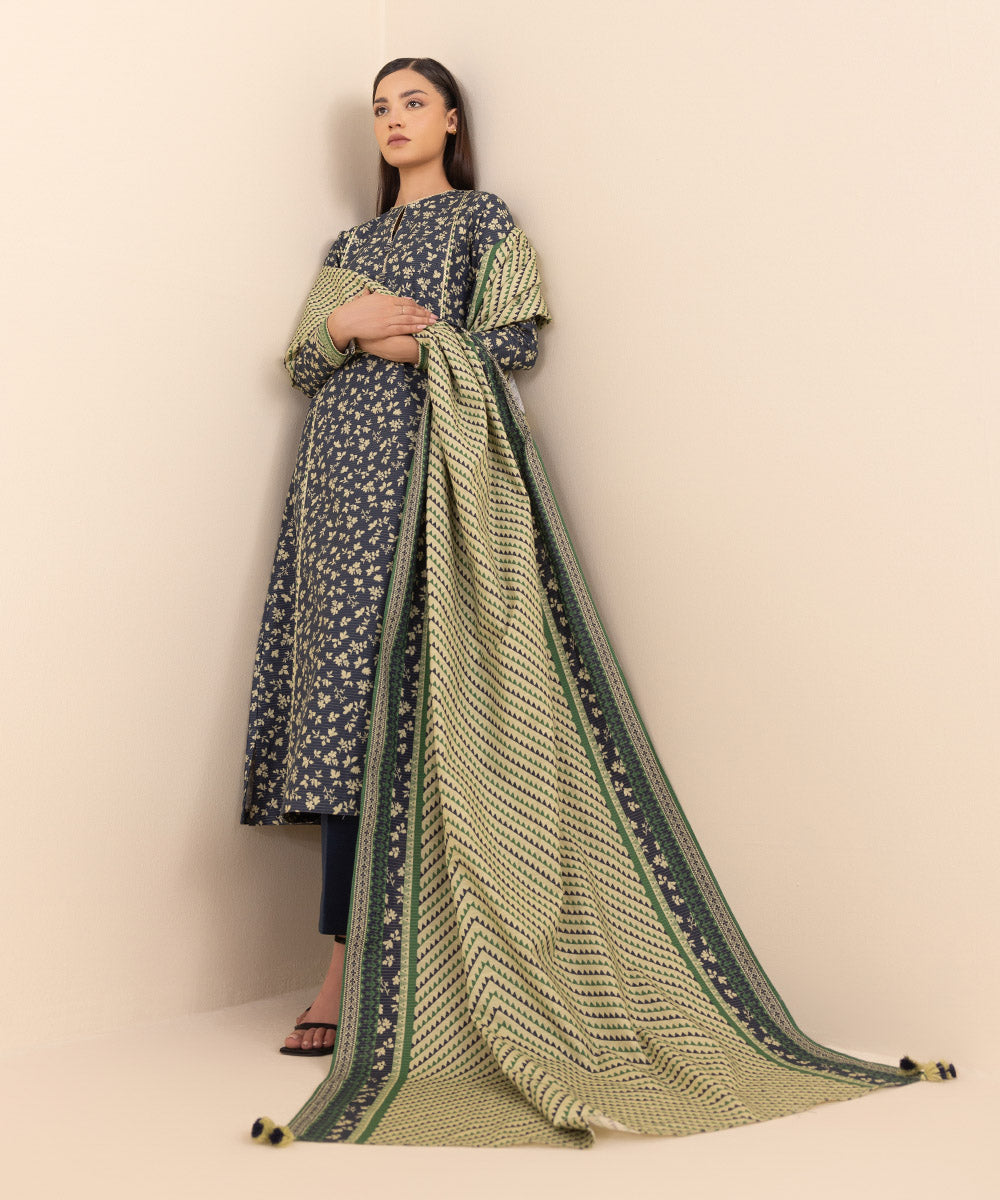 Women's Unstitched Zari Khaddar Blue Printed 3 Piece Suit