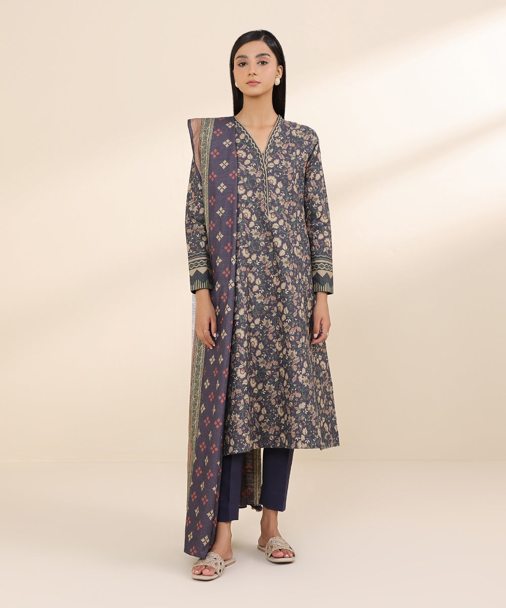 Women's Unstitched Zari Khaddar Purple Printed 3 Piece Suit