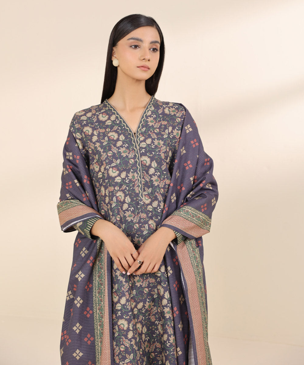 Women's Unstitched Zari Khaddar Purple Printed 3 Piece Suit