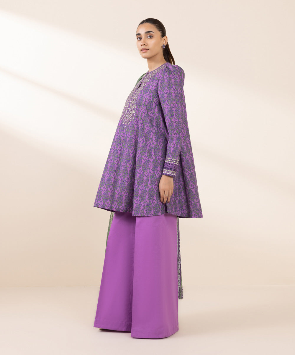 Women's Unstitched Embroidered Purple Cambric Three Piece Suit