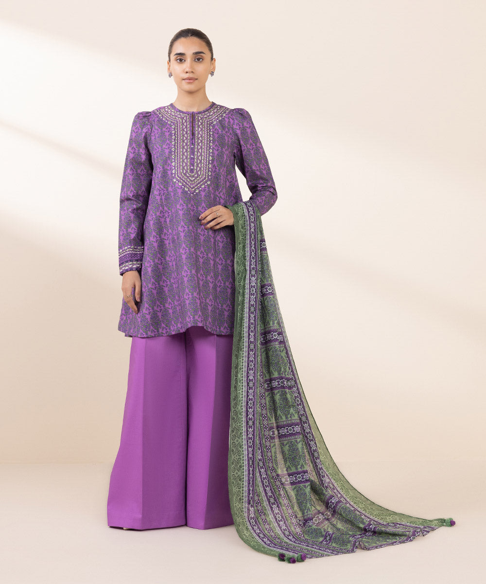 Women's Unstitched Embroidered Purple Cambric Three Piece Suit