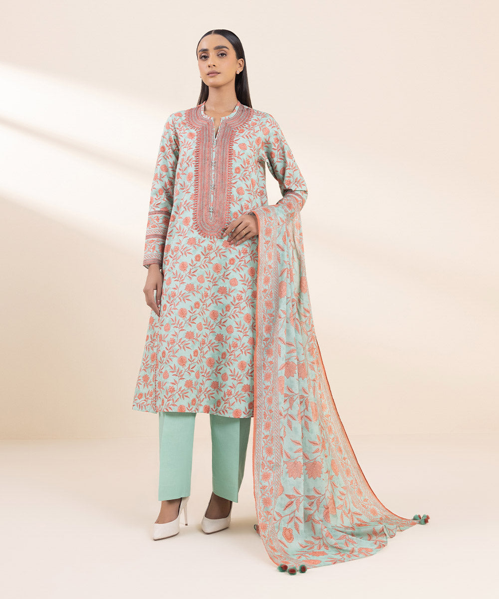 Women's Unstitched Embroidered Sea Green Cambric Three Piece Suit