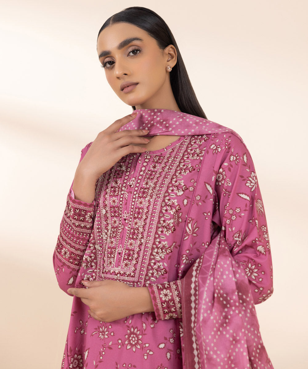 Women's Unstitched Embroidered Magenta Cambric Three Piece Suit